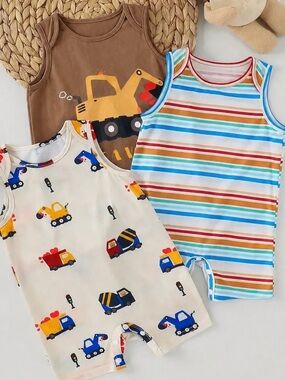 SHEIN Brown, Cream & Multicolor Tank Romper 3-Pack for Kids